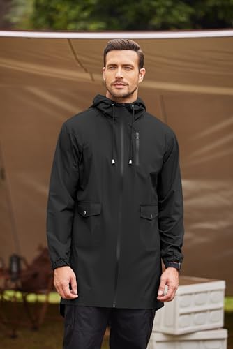 Men's Packable Rain Jacket Outdoor Waterproof Hooded Lightweight Classic Cycling Raincoat (Black / X-Large)