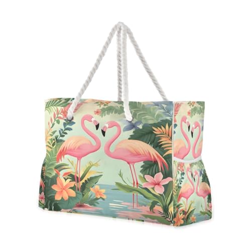 Large Beach Bags Totes Canvas Tote Shoulder Bag Soft Wave Water Resistant Bags for Gym Travel Daily Ocean (Pink Flamingo)