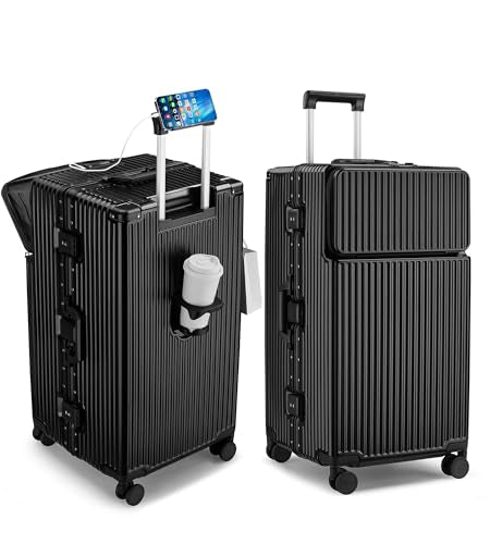 Super Large Aluminum Frame Zipperless Checked Luggage Front Pocket (B1-Jet Black / 30in)
