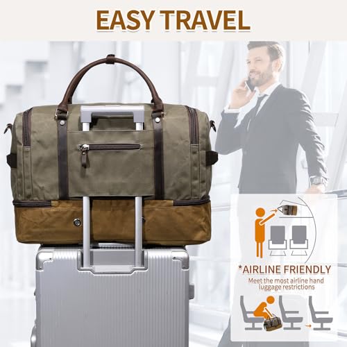 Nerlion Green Large Weekender Overnight Duffel Bag with Shoe Compartment and Leather Accents (Green)
