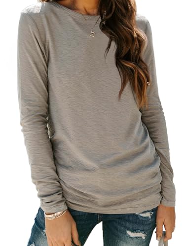 Long Sleeve Shirts for Women Casual Crewneck Tops Basic Tees (Large / 01khaki)