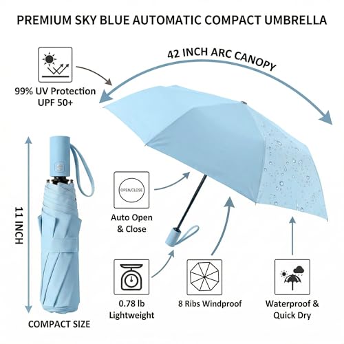 Small Compact Travel Umbrella with UV Protection for Sun & Rain (F-1-Light Blue)
