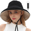 Womens Sun Hats Wide Brim Reversible Bucket Cotton Hat Packable Summer Travel Cap with Hat Clip (Large / Black+beige)