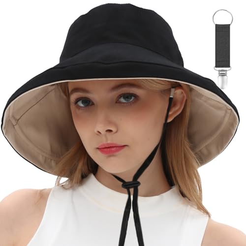 Womens Sun Hats Wide Brim Reversible Bucket Cotton Hat Packable Summer Travel Cap with Hat Clip (Large / Black+beige)
