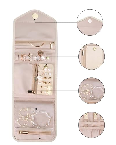 Travel Jewelry Organizer Case Foldable Jewelry Roll (Small / Beige)