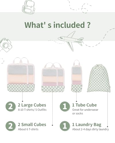 Compression Packing Cubes for Women Kids (AA-Mint Green Checkerboard / 6 Set)