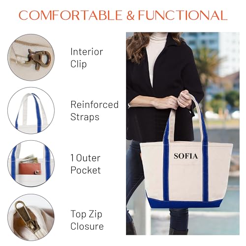 Medium Classic Personalized Monogram Canvas Tote Bag for Women (Royal Blue)