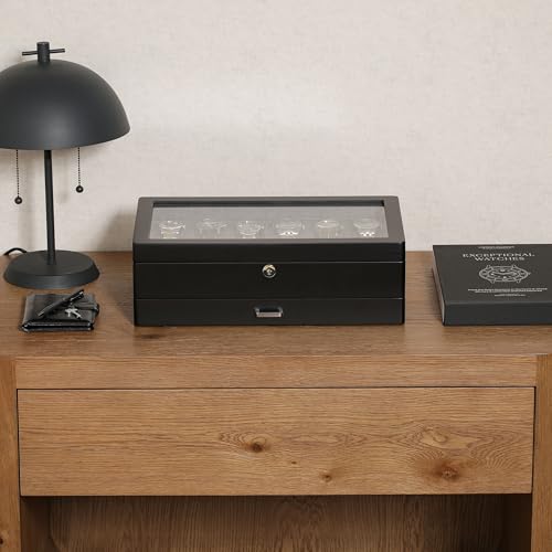 12 Slot Matte Black Watch Box with Valet Drawer (Matte Black / Grey Carbon)