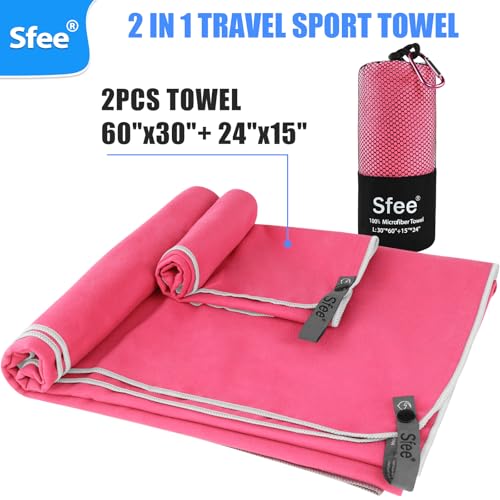 2 Pack Microfiber Travel Towel (L 60"x30"+24"x15" / Hot Pink)