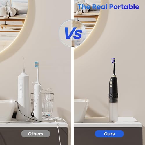 2-in-1 Electric Toothbrush and Water Flosser, Rechargeable Toothbrush with Water Flossing Brush Head, 3 Cleaning Modes, 25-Day Battery, 110ml Water Tank, Portable Travel Toothbrush, Black (Black)