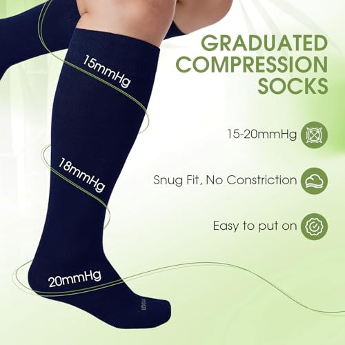Plus Size Compression Socks for Women&Men Viscose for Bamboo Wide Calf 15 (5X-Large / 3 Pair-navy Blue)
