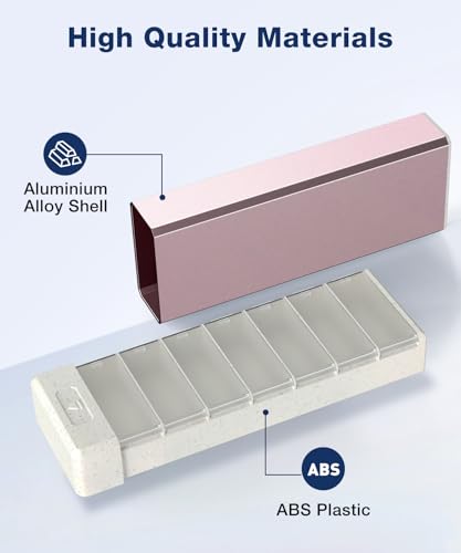 Metal Pill Organizer with 7 Separate Compartments for Pills Storage (Updated Pink)