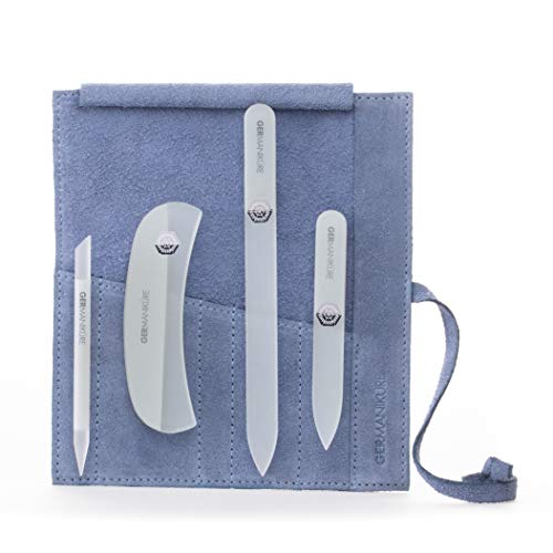 Czech Gray Crystal Glass Nail File Set (4-Pc: Nail File, Travel File, Moon File / Light Blue Suede Roll)