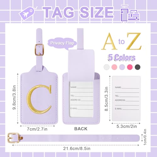 Personalized Initial Luggage Tags for Suitcase (Purple Leather,glod Letter / C)