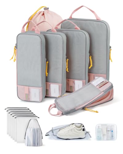 14 Set Compression Packing Cubes for Travel Essentials (Candy Pink / Set of 14)