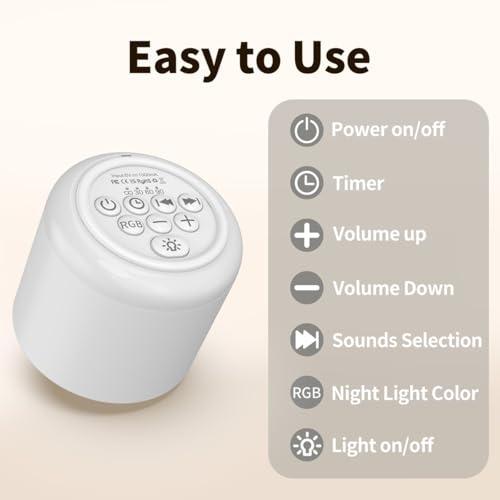 Portable White Noise Machine Mini Sound Machine with Light 30 Soothing Sounds Rechargeable for Adults Baby Kids Sleep Brown Noise Machine with Memory Function 4 Timers for Travel Camping Home Office (White)