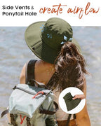 Sun Hats for Women Wide Brim Bucket Hat Ponytail Hole Outdoor UPF (Green)