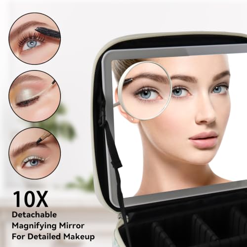 Travel Makeup Bag with LED Mirror Toiletry Bag for women with 10x magnifying glass (Green Flower / With LED Mirror and 10x Magnifying Glass)