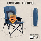 Oversized Folding High Back Portable Lawn Chairs for Adults Outdoor Camp Sports Hunting Fishing Backyard with Hard Armrest Cup Holder Carrying Strap (Blue / Mesh back)