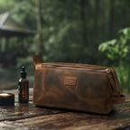 Genuine Leather Toiletry Travel Bag For Men & Women (Rustic Brown / 10"X5")