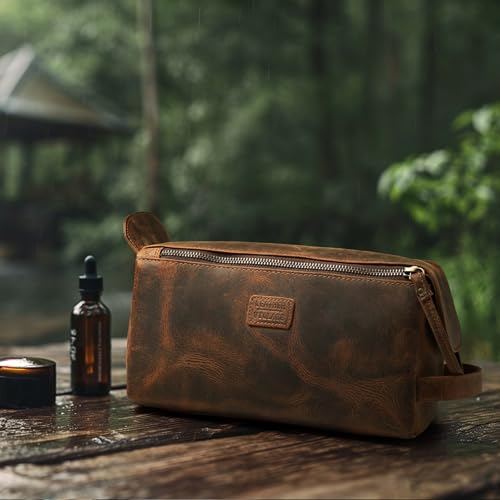 Genuine Leather Toiletry Travel Bag For Men & Women (Rustic Brown / 10"X5")