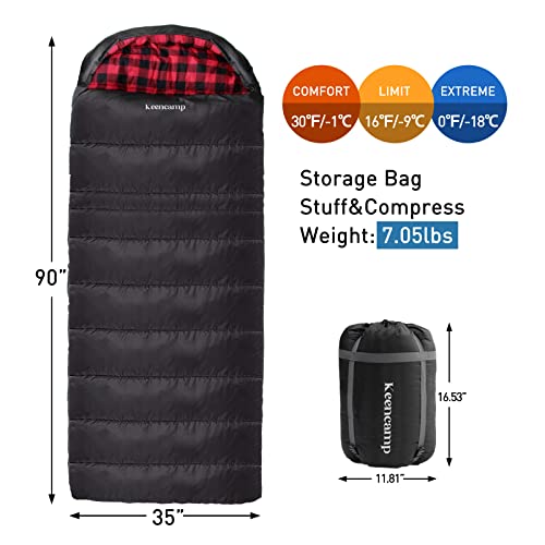 0 Degree Sleeping Bag Cotton Flannel Winter Cold Weather for Adults XXL Sleeping Bag 4 Season Big and Tall with Pillow Compression Sack (Black_L)