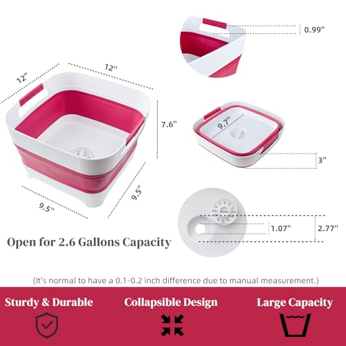 2.6 Gal Collapsible Baby Bottle Wash Basin with Drain Plug (Magenta)