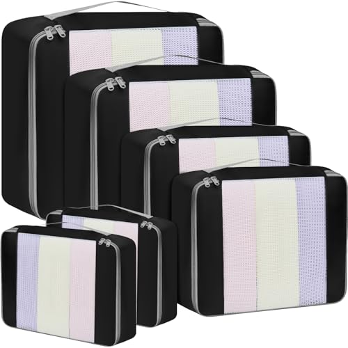 6 Set Packing Cubes Various Sizes Packing Organizer for Travel Accessories Luggage Carry On Suitcase (06-Black / 6 Set-middle Mesh)