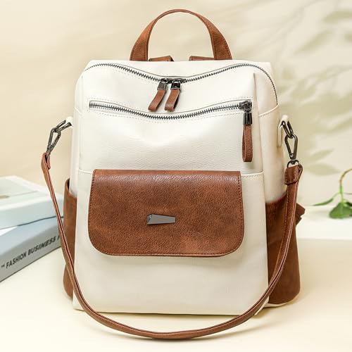 PU Leather Small Backpack Purse for Women Ladies White Brown (White Brown)