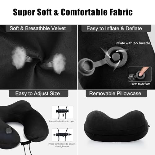Inflatable Travel Neck Pillow for Airplanes (Black)