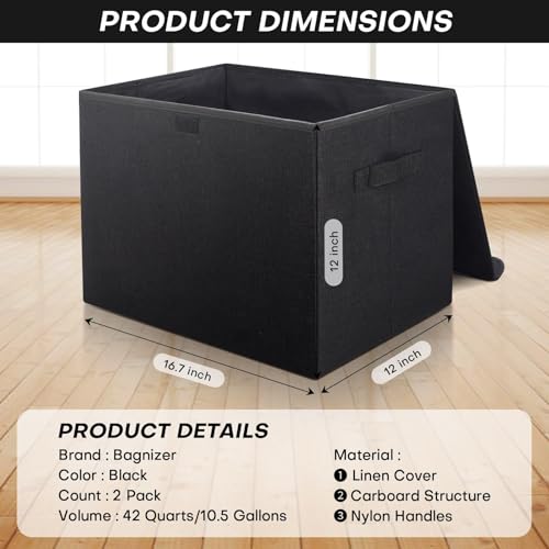 Large 42 Quarts Fabric Storage Bins with Lids [2 (Black / Large - 2 Pack)