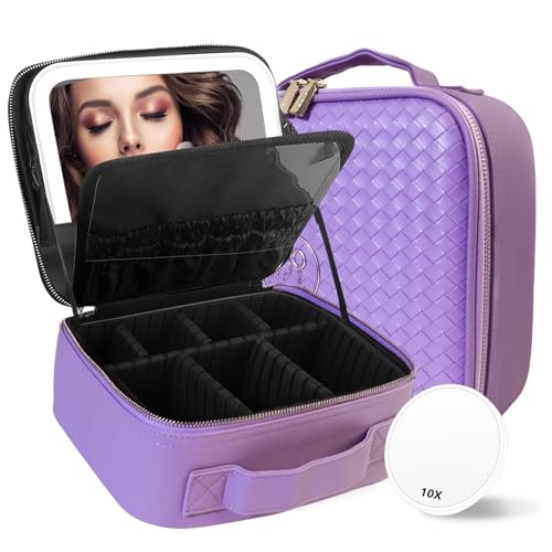 Travel Makeup Bag Cosmetic Bag Makeup Organizer Bag with Lighted Mirror (Violet / Woven)