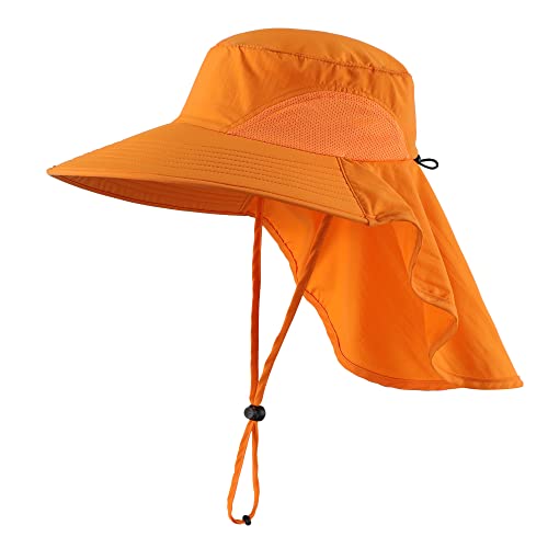 Outdoor UPF50+ Sun Hat Wide Brim Mesh Fishing Hat with Neck Flap (Large-X-Large / Orange)