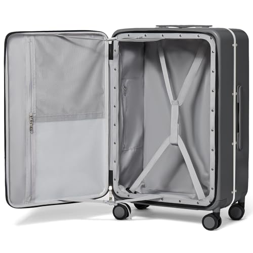 26 Inch Large Checked Luggage PC Hard Shell Suitcase Top Opening Aluminum Frame Travel Suitcases with Wheels (Rock Gray / 26-inch)