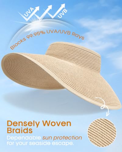 Womens Sun Visor Hats Wide Brim Straw Beach Hat UV Protection Ponytail Packable Beach Vacation Essentials Beige (Beige / One Size)