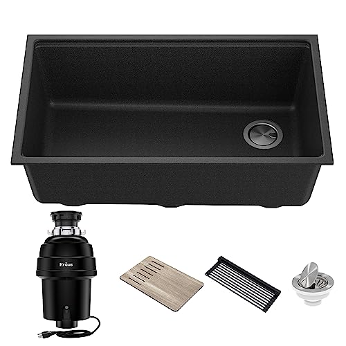 KGUW2-33MB-100-100, Bellucci Workstation 32 in. Undermount Granite Composite Single Bowl Kitchen Sink in Metallic Black with WasteGuard 1 HP Continuous Feed Garbage Disposal and Accessories (Black / 32 Inch / Sink and Garbage Disposal 1 HP)