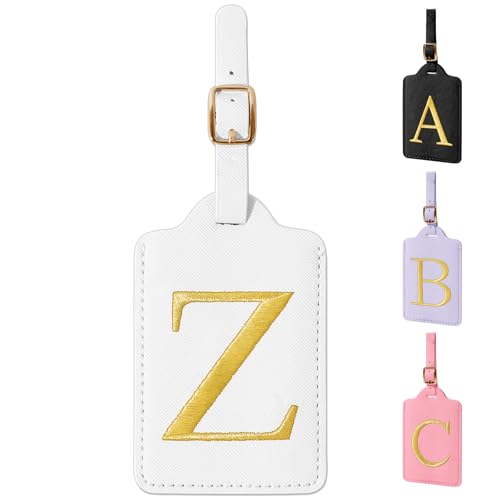 Personalized Initial Luggage Tags for Suitcase TSA Approved (White Leather,glod Letter / Z)