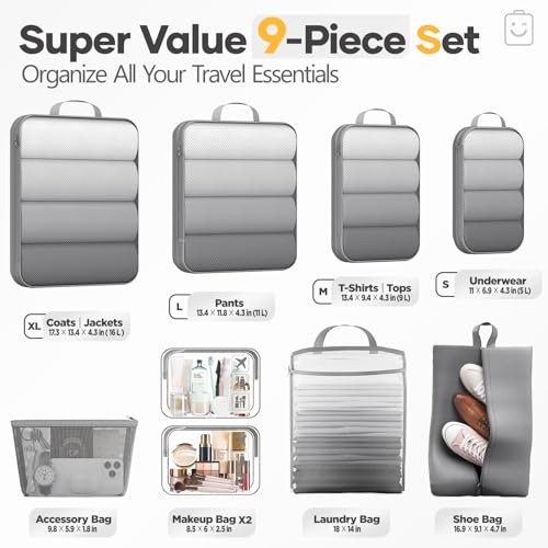 9 11 Set Compression Packing Cubes for Travel Essentials (Gray / 9 set)
