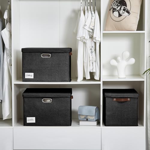 15" Fabric Storage Box with Lids (Black / Medium-3 Pack)