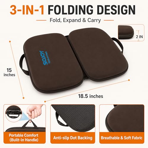 3-in-1 Foldable Gel Seat Cushion with Memory Foam Ergonomic Portable Cushion for Back Pain & Tailbone Relief - Perfect for Office Chair, Airplane Travel & Stadium Seats (18.5" x 15" x 2" Brown) (Brown)
