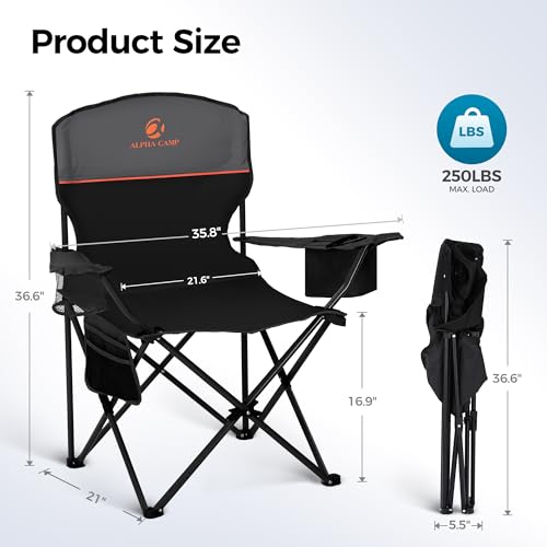 2 Pack Folding Camping Chair with Cooler Bag & Lumbar Support (Black&grey)
