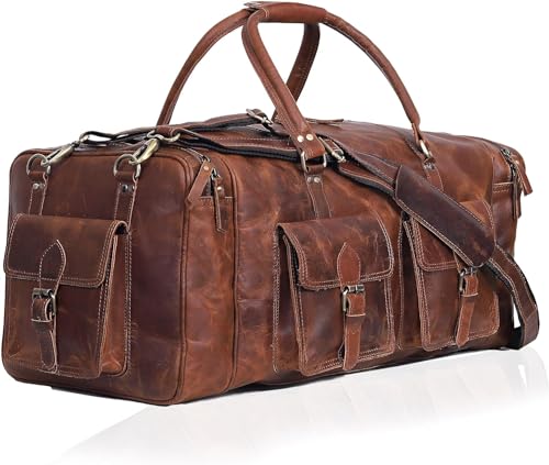 Large duffel bags for men holdall leather travel bag overnight gym sports Luggage weekend bag 20 Inch (20" Medium / TAN BROWN)