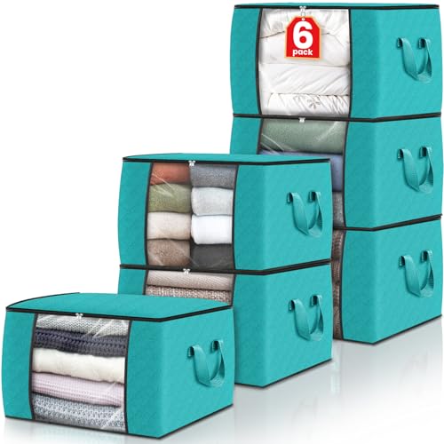 6 Pack Storage Bags for Clothes Blanket Storage Bins with Lids (6 Pack-60l / Green)