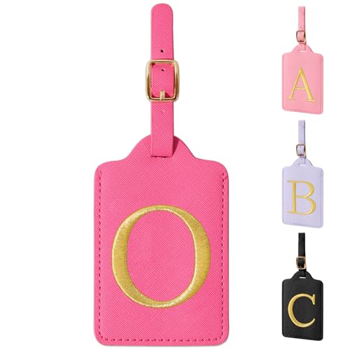 Personalized Initial Rose Red Leather Cute Luggage Tags with Privacy Cover Name Card (Rose Leather,glod Letter / O)