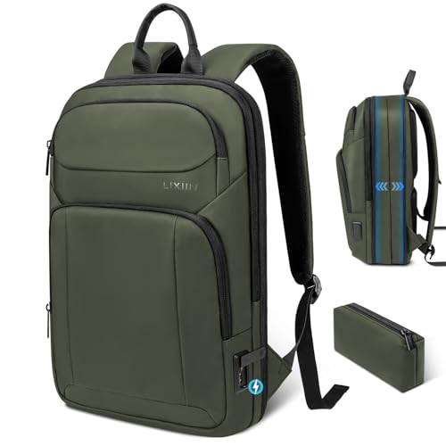 Backpack for Men Slim & Expandable Travel Laptop Backpack with USB Charging Port Water Resistant Anti (Olive Green / 17.3”)
