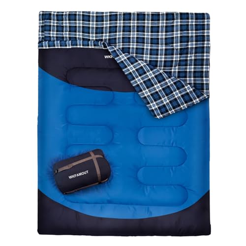 Cotton Flannel Double Sleeping Bag for Adults Machine Washable 2 Person Camping Sleeping Bag Queen Size Waterproof with Compression Sack for Cold Weather 3 (BLUE / Flannel)
