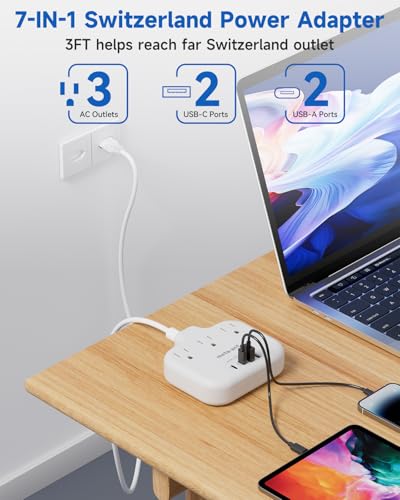 Switzerland Travel Plug Adapter with 5FT Extension Cord (Type J-Switzerland)