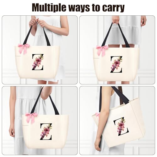 Tote Bag, A-Z Initial Monogrammed Waterproof Tote Bag, Bridesmaid Gifts for Women, Black and Pink (Z, Beige) (Beige)