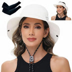 Sun Hats for Women Bucket Hat UV Protection Fishing Hat Wide Brim Safari Hats 2 in 1 Zip (With One Pair Cooling Sleeves-1pack-white)