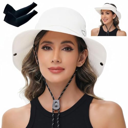 Sun Hats for Women Bucket Hat UV Protection Fishing Hat Wide Brim Safari Hats 2 in 1 Zip (With One Pair Cooling Sleeves-1pack-white)